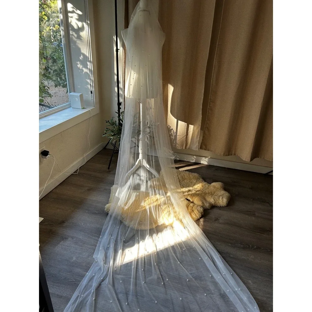 Cathedral Pearl Bridal Veil | Hand-Stitched Ivory Tulle | Pearl Wedding Veil
